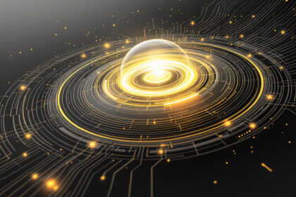 Illustration du Big Bang entouré de réseaux neuronaux et de circuits imprimés, symbolisant l'origine de l'Intelligence Artificielle
