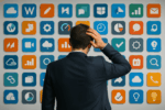 Homme en costume regardant un mur rempli d’icônes d’applications, illustrant la difficulté de choisir parmi de nombreux outils numériques.