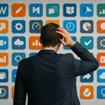 Homme en costume regardant un mur rempli d’icônes d’applications, illustrant la difficulté de choisir parmi de nombreux outils numériques.