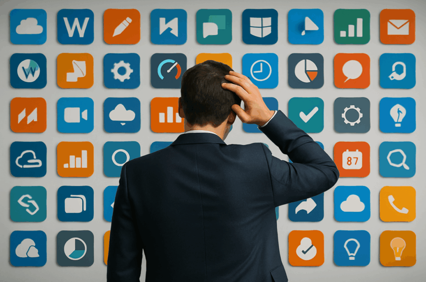 Homme en costume regardant un mur rempli d’icônes d’applications, illustrant la difficulté de choisir parmi de nombreux outils numériques.