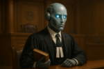 Robot en robe d’avocat siégeant dans un tribunal