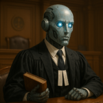 Robot en robe d’avocat siégeant dans un tribunal