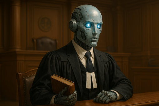 Robot en robe d’avocat siégeant dans un tribunal