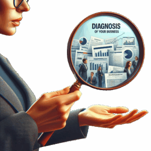 image représentant une femme avec une loupe qui fait le diagnostic d'une entreprise