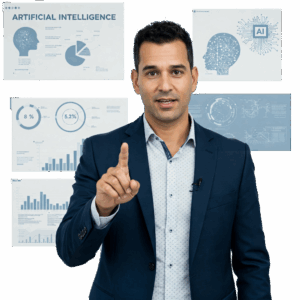Homme en pleine formation avec des diapositives sur les outils d'IA