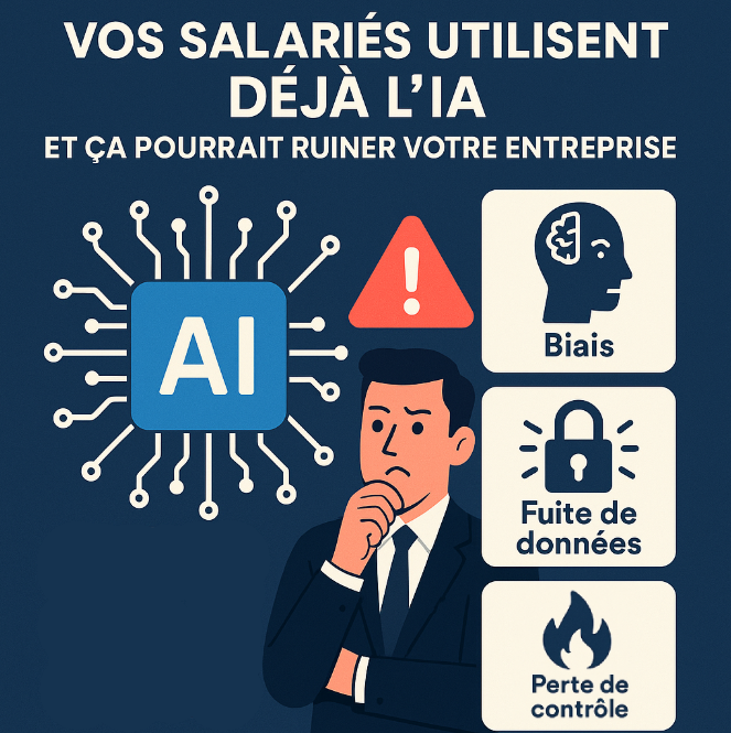 Illustration sur le danger IA en entreprise : risques liés aux biais, aux fuites de données et à une mauvaise utilisation par des salariés non formés